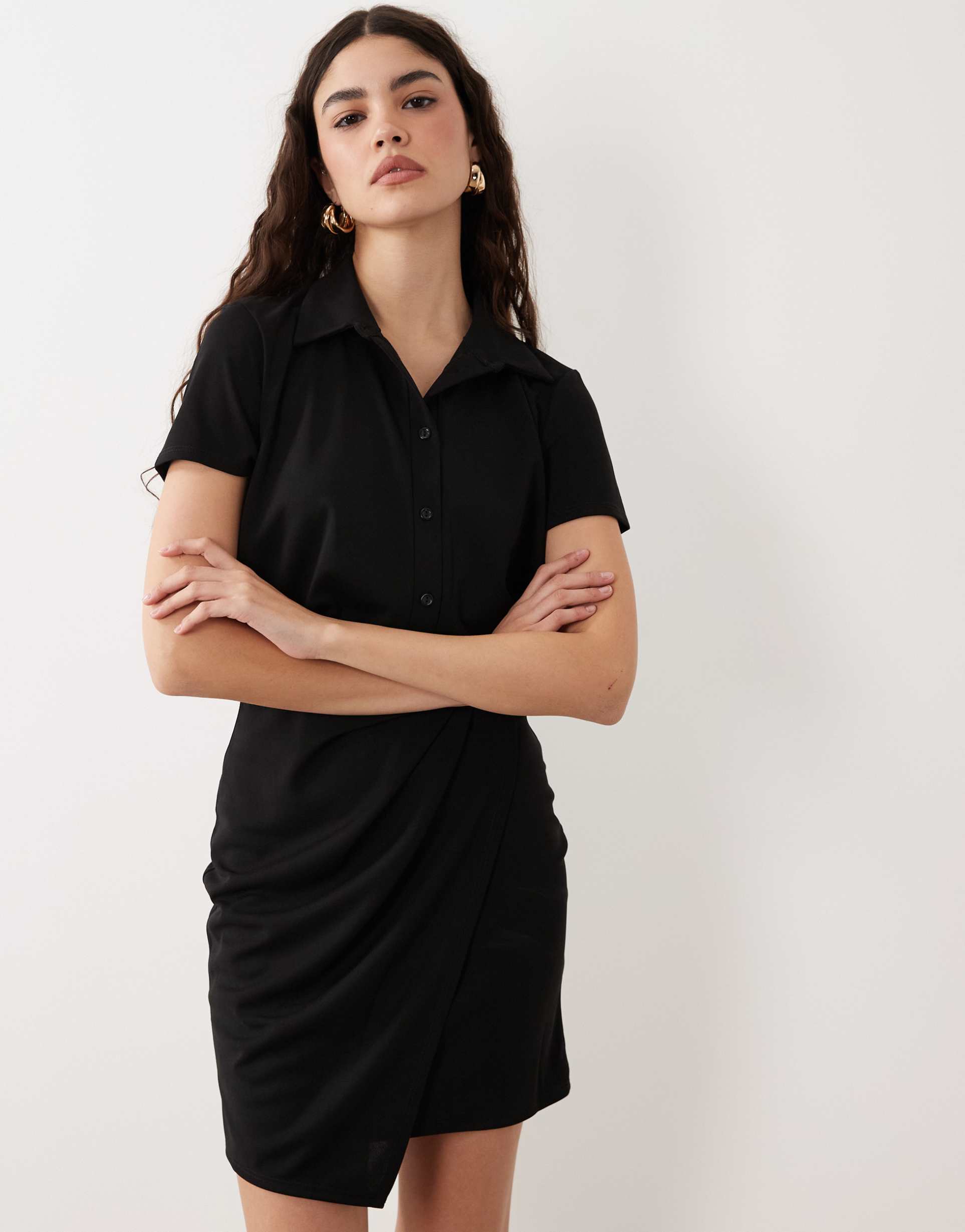 asos design short sleeve shirt detail with wrap skirt mini dress in black