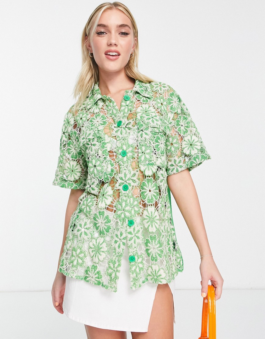 ASOS DESIGN short sleeve shirt in green floral crochet