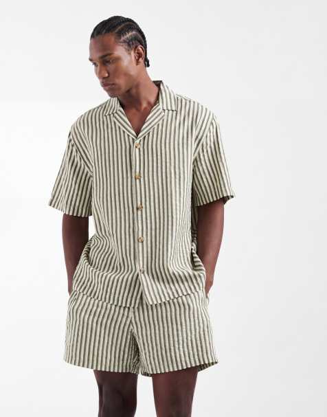 ASOS DESIGN short sleeve shirt in green stripe (part of a set) - view 1