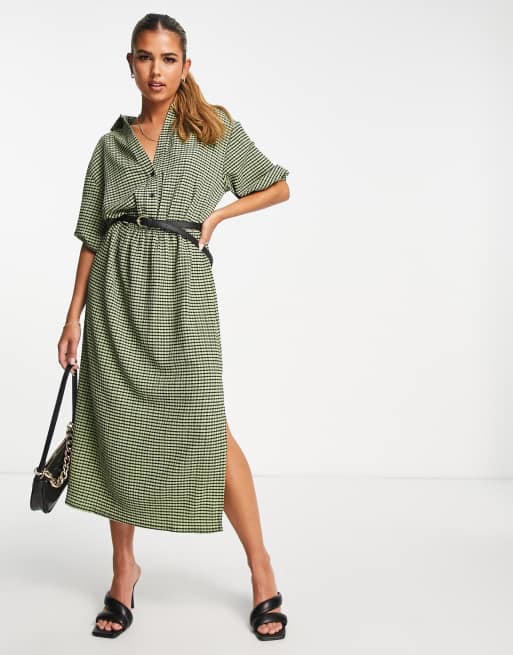 ASOS DESIGN short sleeve shirt midi dress with belt in khaki check