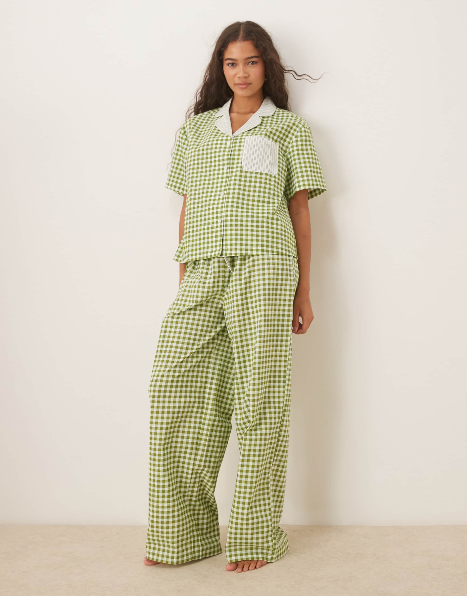 asos design short sleeve shirt pajama set in green gingham & striped print