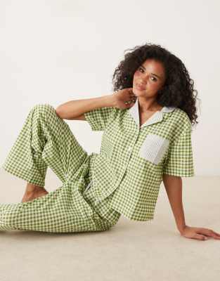 ASOS DESIGN short sleeve shirt pyjama set in green gingham & stripe print - view 1