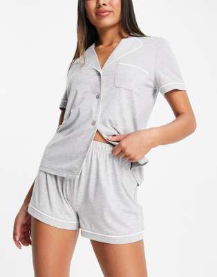 Asos Design Short Sleeve Shirt & Short Pajama Set With Contrast Piping In Gray
