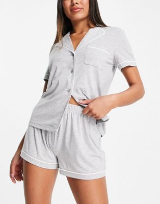 ASOS DESIGN short sleeve shirt & short pyjama set with contrast piping in grey