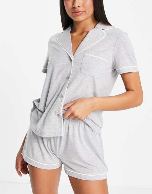 ASOS DESIGN short sleeve shirt short pyjama set with contrast