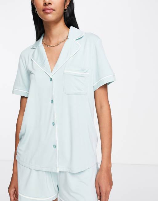 ASOS DESIGN short sleeve shirt & short pyjama set with contrast piping in mint, 3 of 4