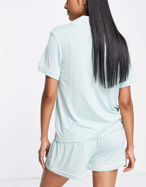 ASOS DESIGN short sleeve shirt & shorts pyjama set with contrast piping in mint, 2 of 4