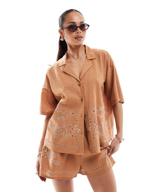 ASOS DESIGN short sleeve shirt with revere collar with broderie detail in brown (part of a set)