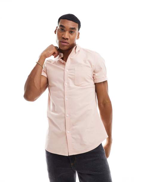 ASOS DESIGN short sleeve slim fit oxford shirt in light pink - view 1