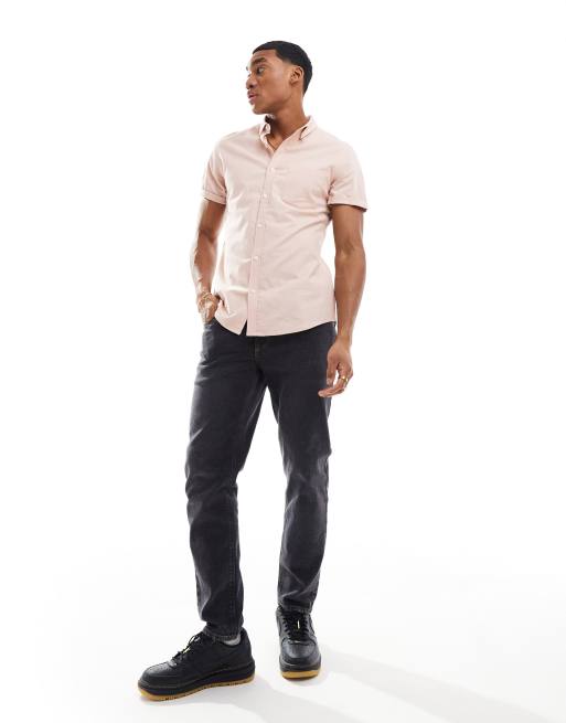 ASOS DESIGN short sleeve slim fit oxford shirt in light pink, 2 of 4