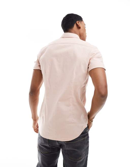 ASOS DESIGN short sleeve slim fit oxford shirt in light pink, 3 of 4