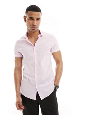 ASOS DESIGN short sleeve slim fit stripe work shirt in light pink