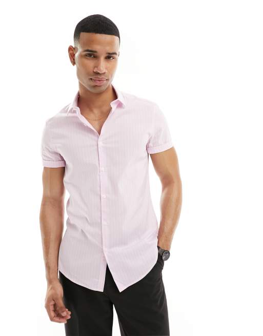 ASOS DESIGN short sleeve slim fit stripe work shirt in light pink ASOS