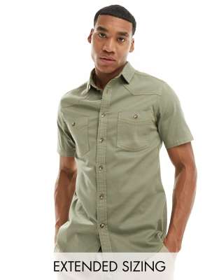 ASOS DESIGN short sleeve slim western denim shirt in khaki green