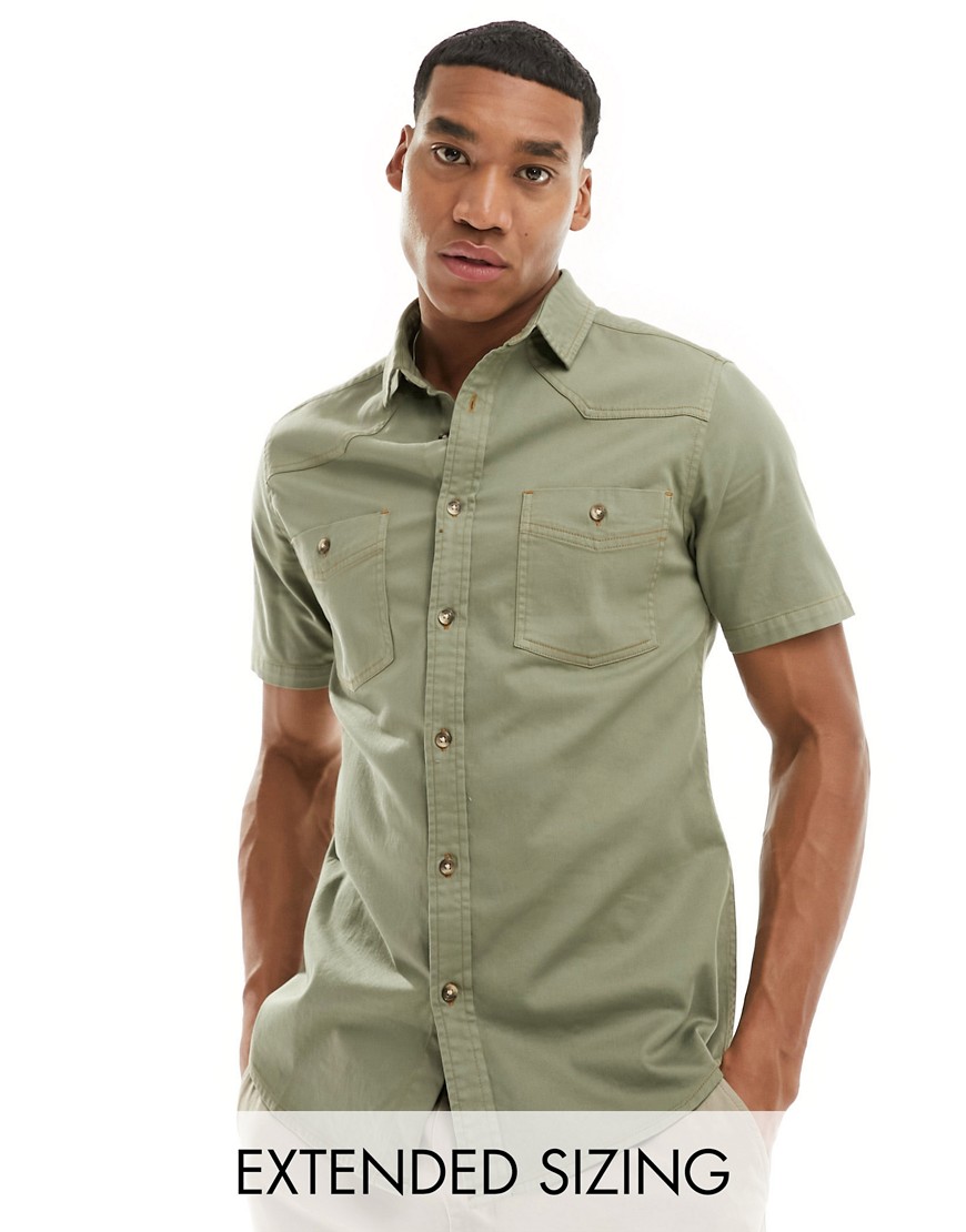 Asos Design Short Sleeve Slim Western Denim Shirt In Khaki Green