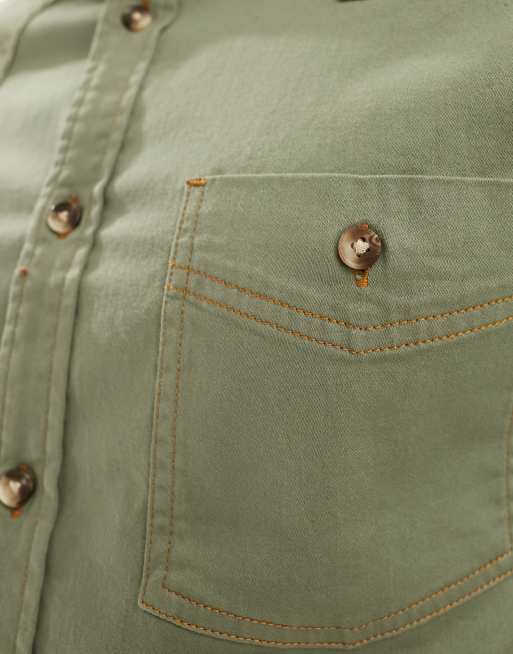 ASOS DESIGN short sleeve slim western denim shirt in khaki green, 3 of 4