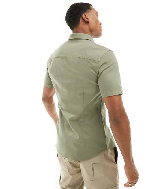 ASOS DESIGN short sleeve slim western denim shirt in khaki green, 4 of 4