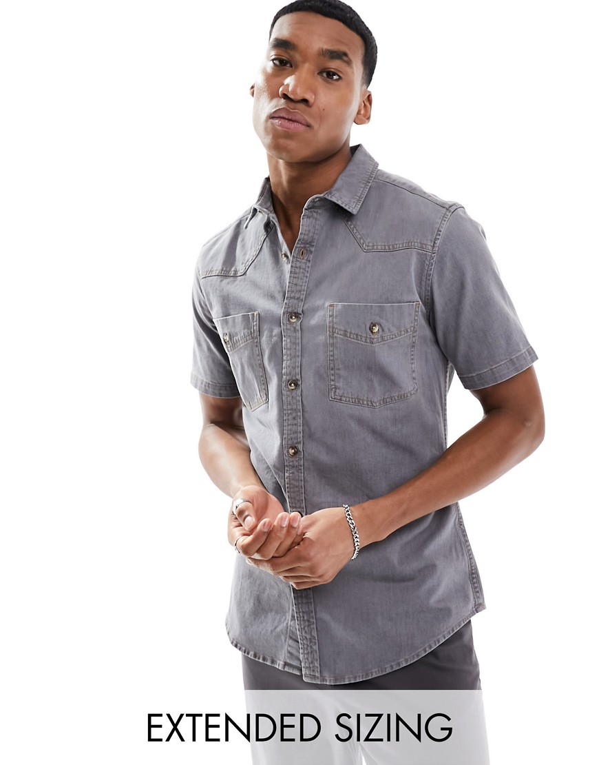 Asos Design Short Sleeve Slim Western Denim Shirt With In Washed Black