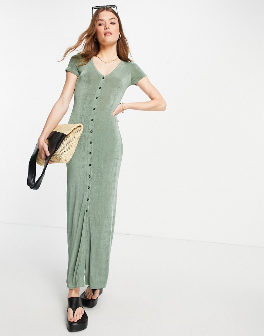 ASOS DESIGN short sleeve slinky maxi dress in khaki-Green