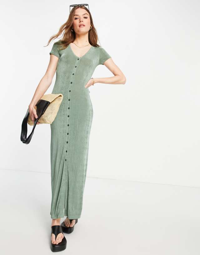 ASOS DESIGN short sleeve slinky maxi dress in khaki