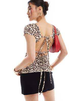 Asos Design Short Sleeve Slinky Top With Tie Back In Leopard Print-multi