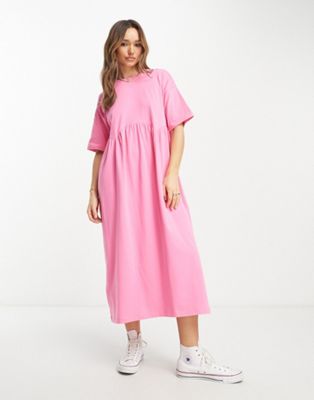 Asos Design Short Sleeve Smock Midi Dress With Seam Detail In Bright Pink