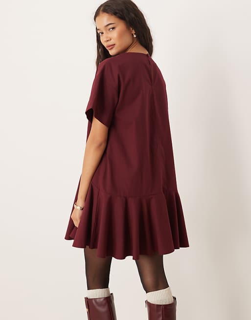 burgundy dress short sleeve Asymmetric Satin shopaleena Customized service and Rush order are available. Women's Burgundy Mini Dresses |