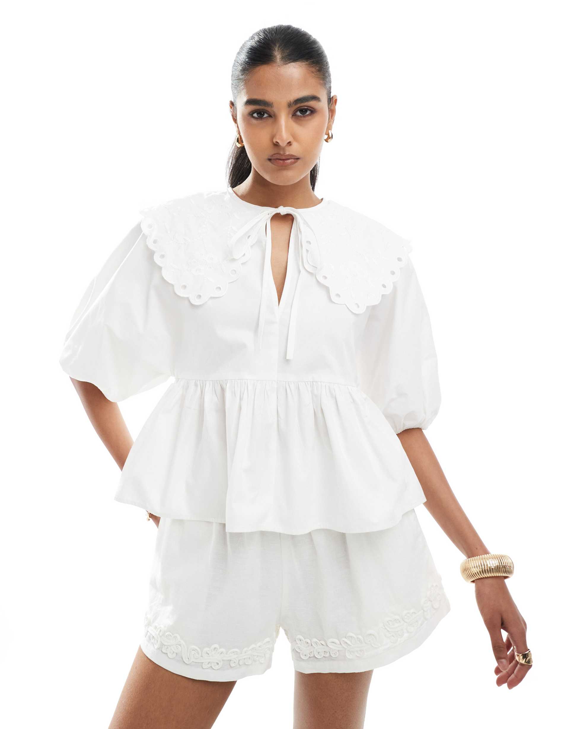 asos design short sleeve smock top with broderie collar in white