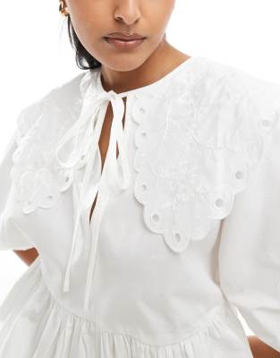 ASOS DESIGN short sleeve smock top with broderie collar in white