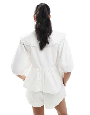 ASOS DESIGN short sleeve smock top with broderie collar in white