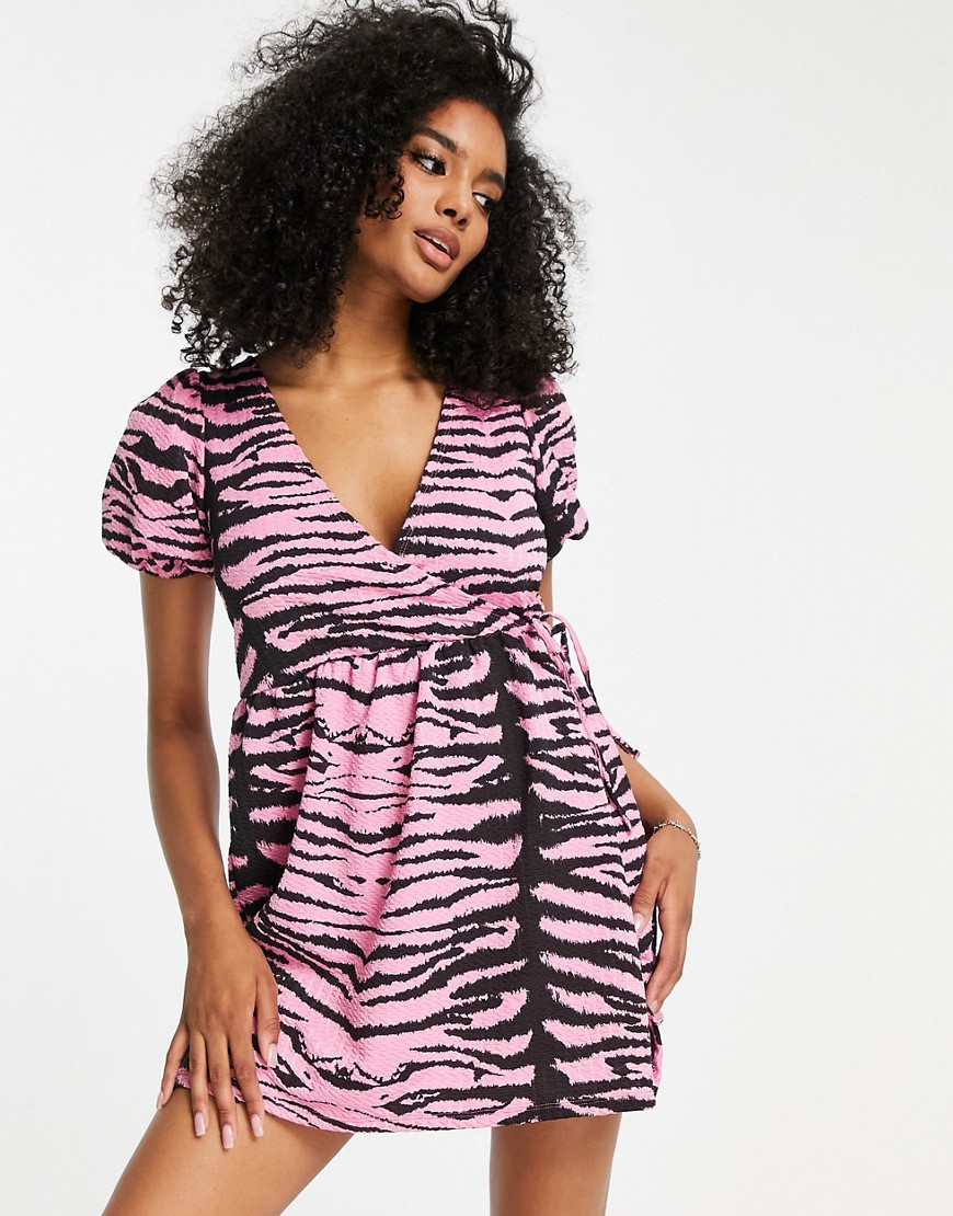 ASOS DESIGN short sleeve smock wrap dress in pink zebra animal