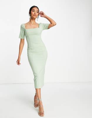 ASOS DESIGN short sleeve strappy back pencil midi dress in pale green | ASOS