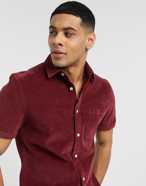 ASOS DESIGN short sleeve stretch slim cord shirt in burgundy