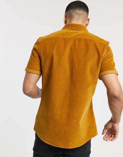 ASOS DESIGN short sleeve stretch slim cord shirt in mustard