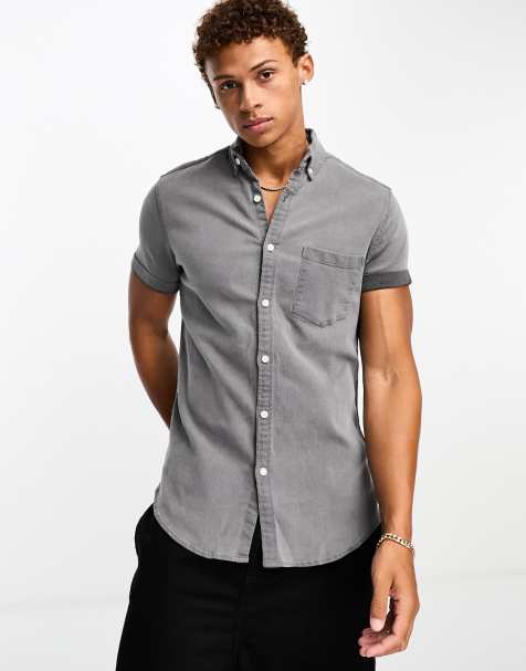 Light Grey Floral Mens Short Sleeve Button up Shirts - Tailored