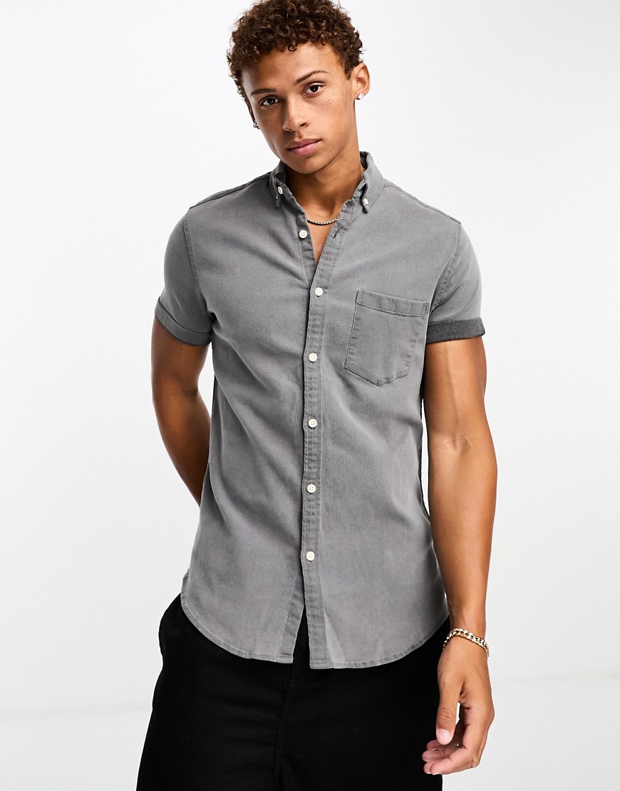 ASOS DESIGN short sleeve stretch slim denim shirt in washed black-Grey