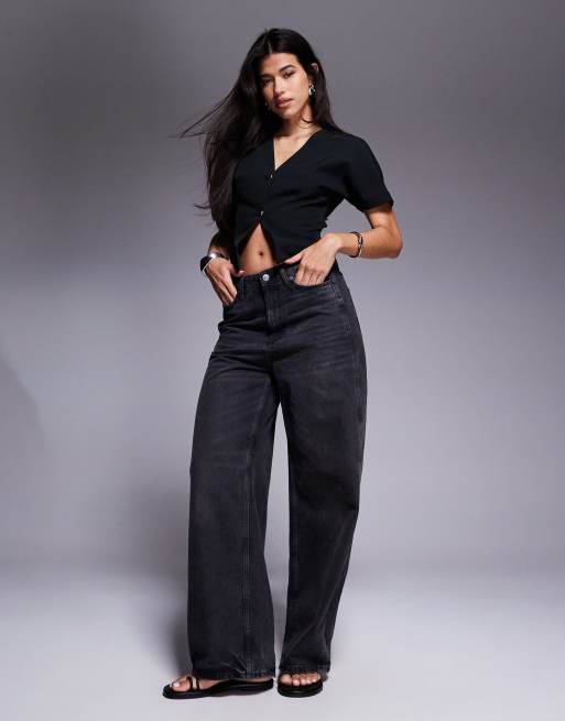 ASOS DESIGN short sleeve structured button detail blouse in black, 2 of 4
