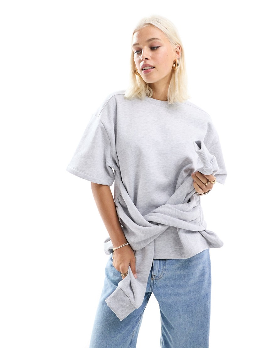 short sleeve sweatshirt with sleeve wrap in ice heather-Gray