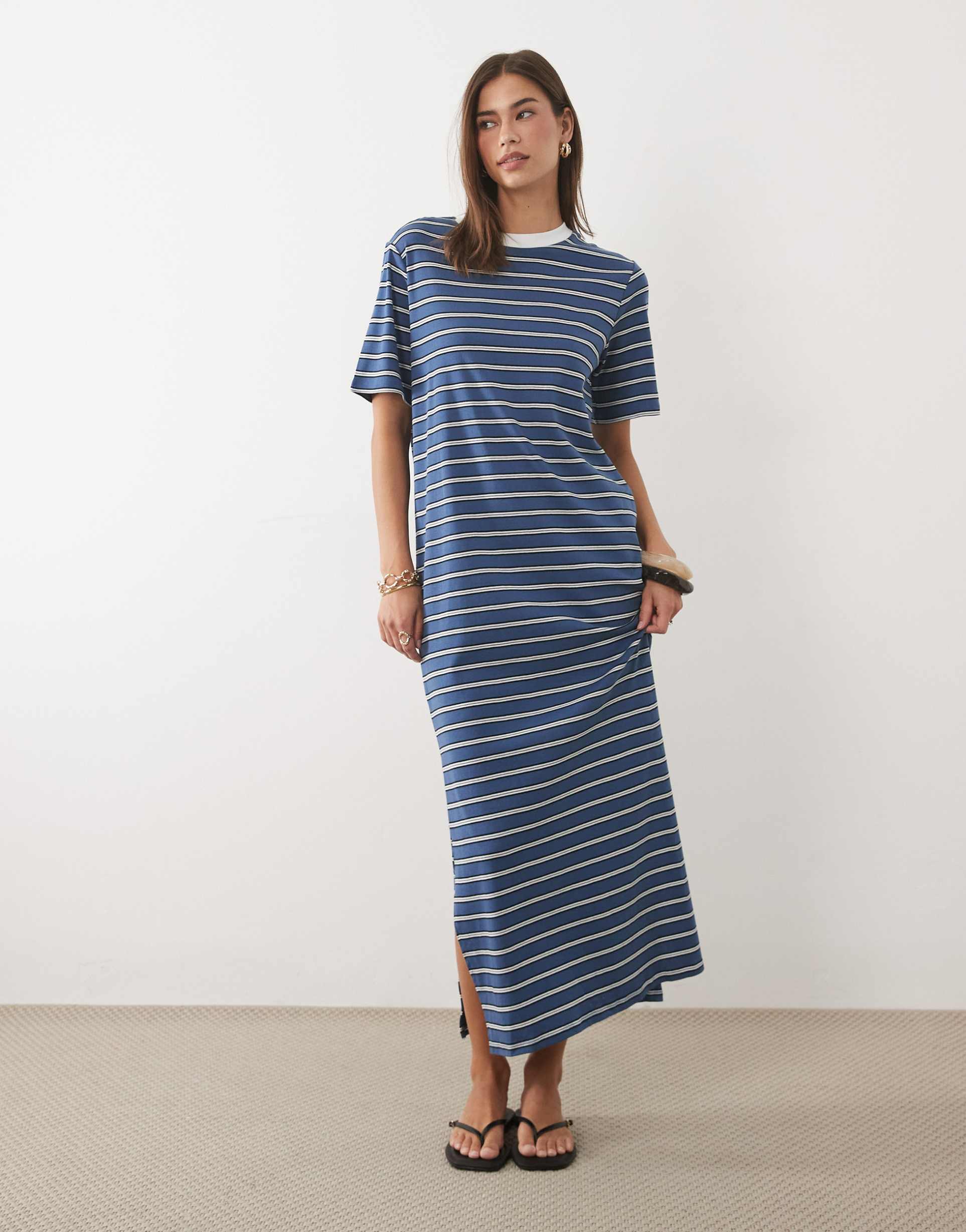 asos design short sleeve t-shirt maxi dress in navy striped print