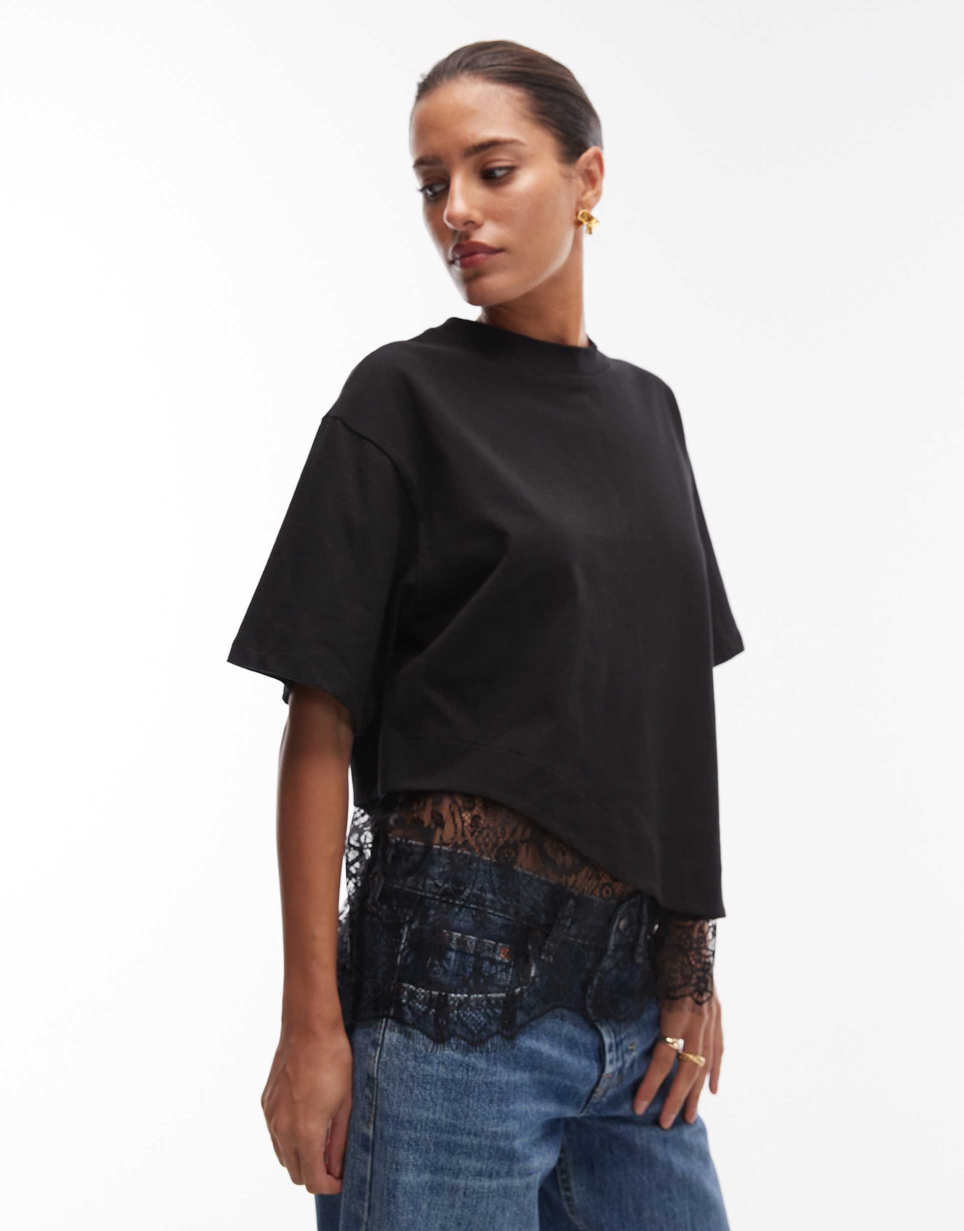 asos design short sleeve t-shirt with lace hem detail in black