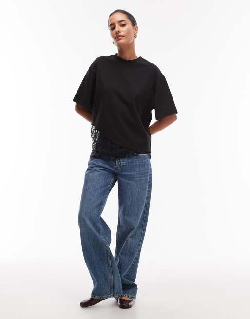 ASOS DESIGN short sleeve T-shirt with lace hem detail in black, 2 of 4