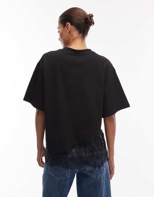 ASOS DESIGN short sleeve T-shirt with lace hem detail in black, 4 of 4