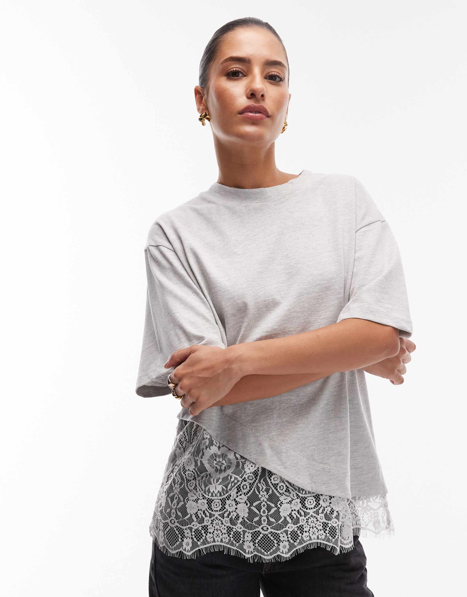 asos design short sleeve t-shirt with lace hem detail in gray heather