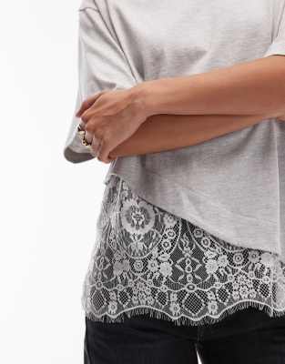 Asos Design Short Sleeve T-shirt With Lace Hem Detail In Gray
