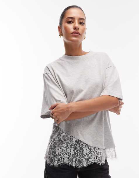 ASOS DESIGN short sleeve t-shirt with lace hem detail in grey marl - view 1