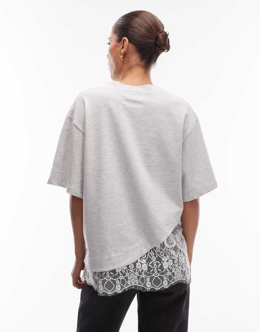 ASOS DESIGN short sleeve t-shirt with lace hem detail in grey marl, 3 of 4