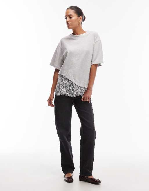 ASOS DESIGN short sleeve t-shirt with lace hem detail in grey marl, 4 of 4