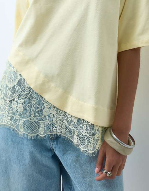 ASOS DESIGN short sleeve T-shirt with lace hem in butter yellow, 2 of 4