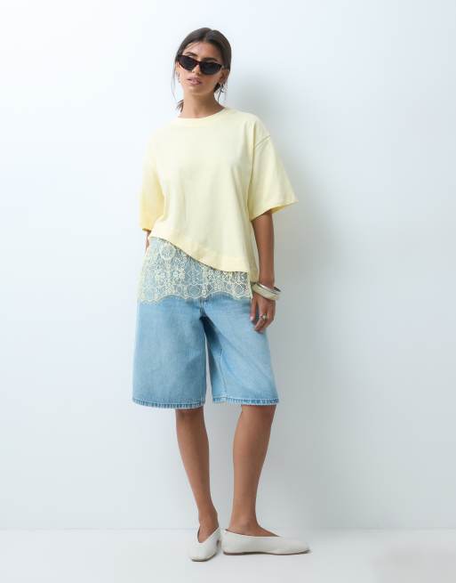ASOS DESIGN short sleeve T-shirt with lace hem in butter yellow, 3 of 4