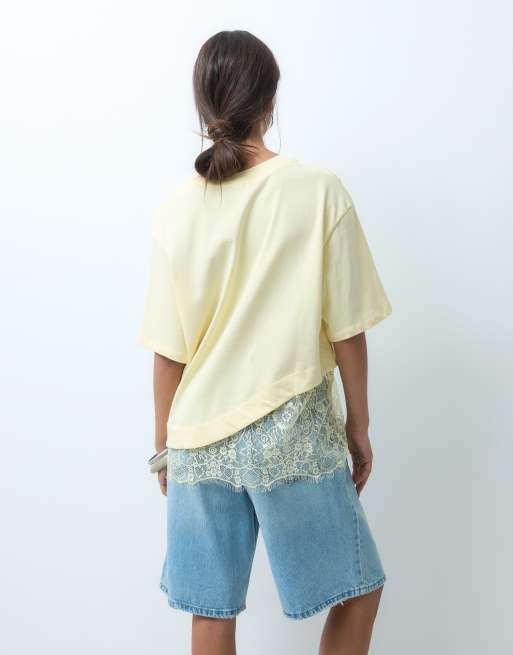 ASOS DESIGN short sleeve T-shirt with lace hem in butter yellow, 4 of 4